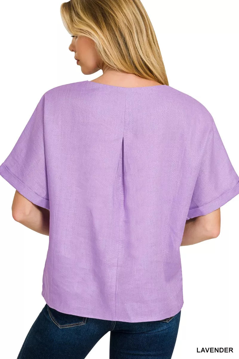 Zenana Linen Round Neck Cuffed Sleeve Top