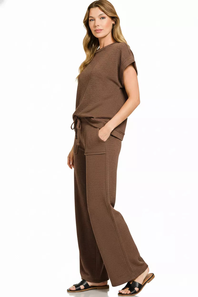 Zenana Cotton Slub Short Sleeve Tee and Pants Set