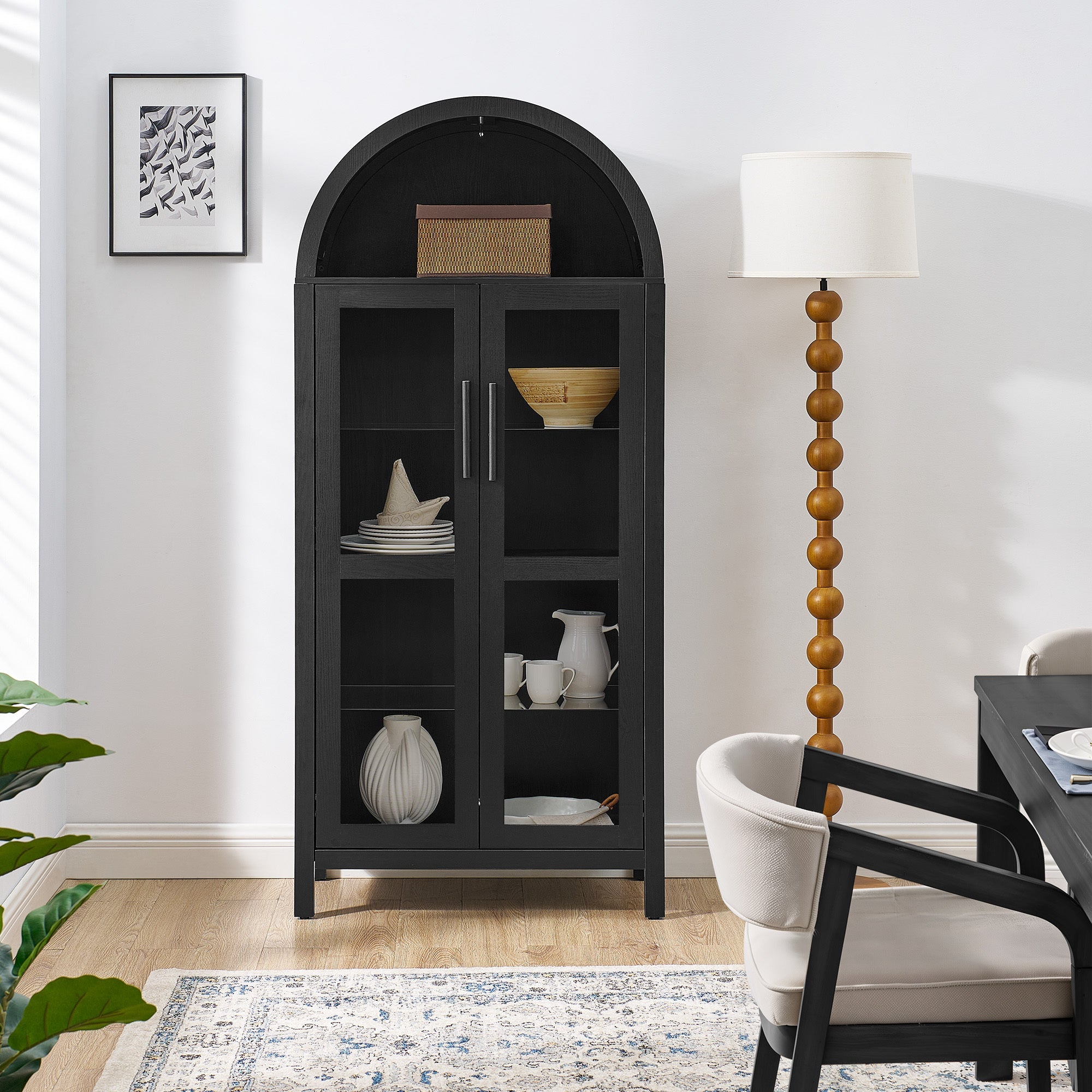 A high arched storage cabinet with a lamp, a modern retro-style wooden storage cabinet with adjustable glass partitions, suitable for use as a multi-functional cabinet in kitchens-Black