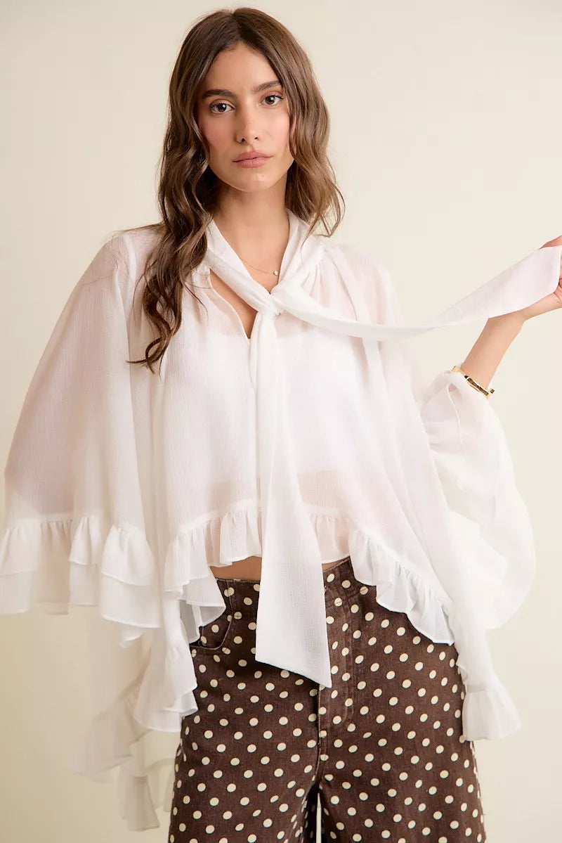 SO ME Sheer Ruffle Bell Sleeves Bow Tie Flowy Blouse Top