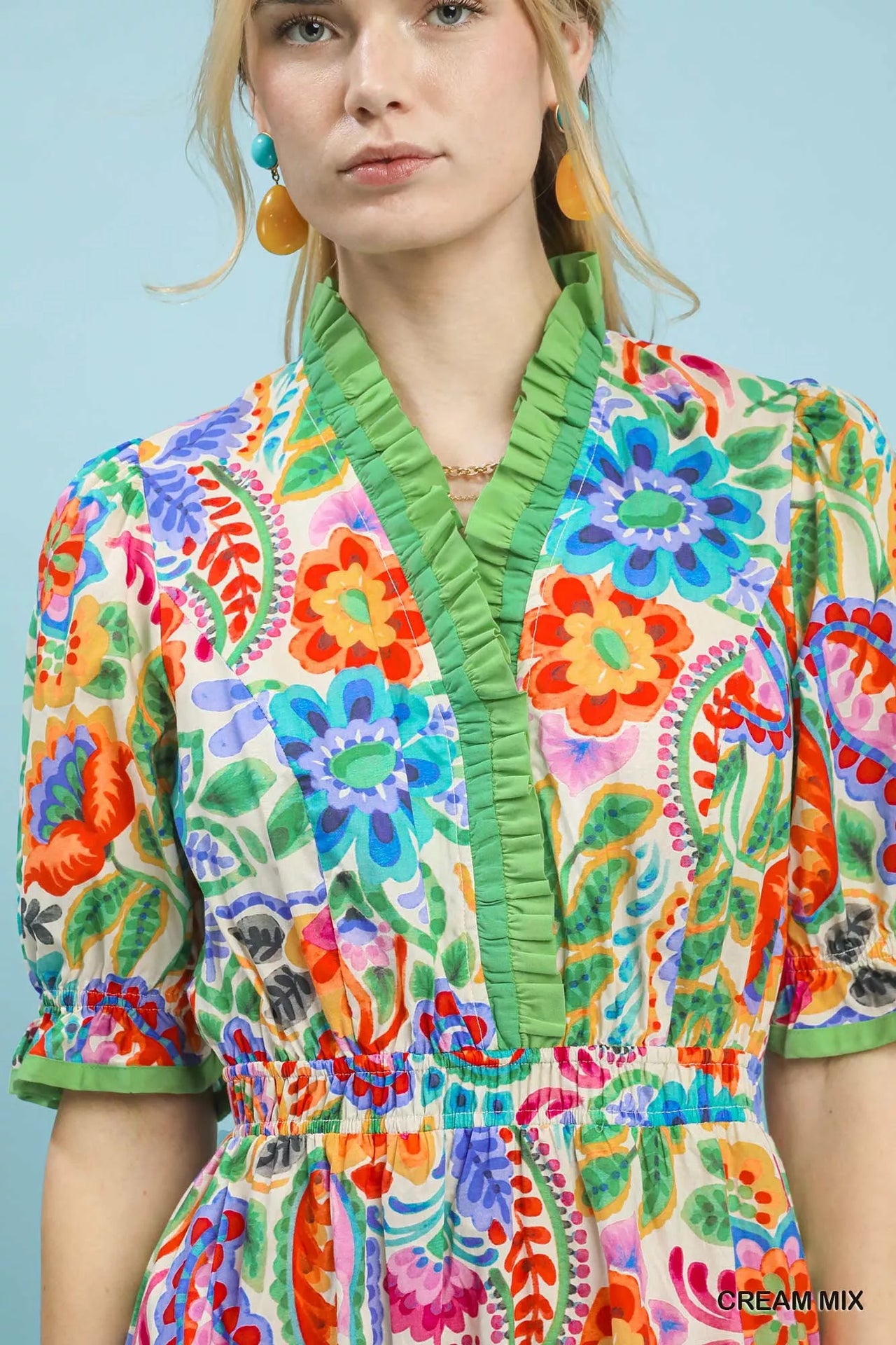 Umgee Mix Floral Midi Dress with Ruffle Trim