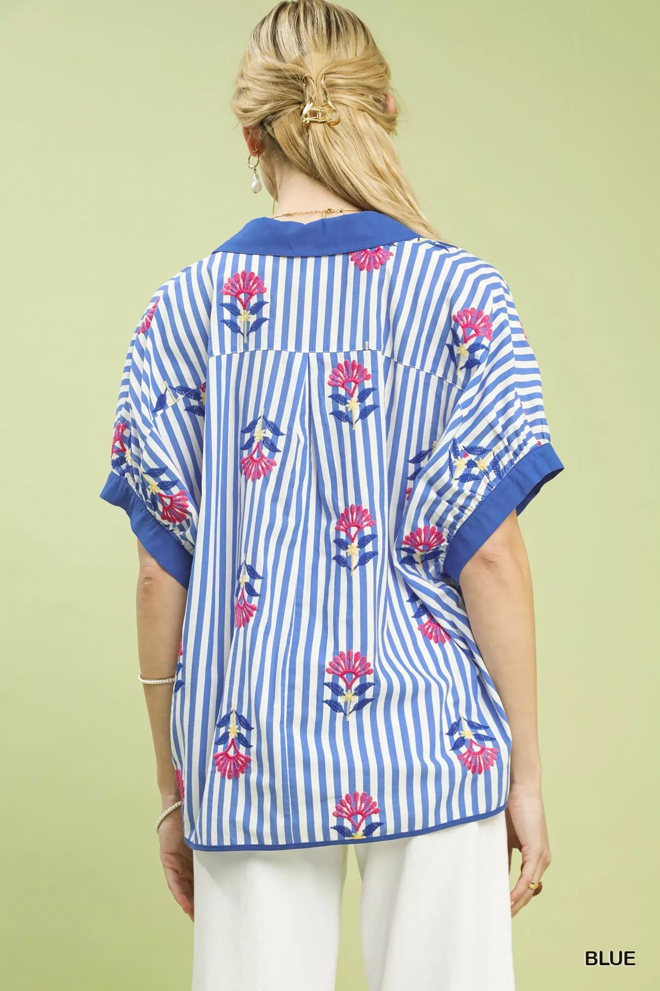 Umgee Stripe Embroidered Button-Front Boho Blouse