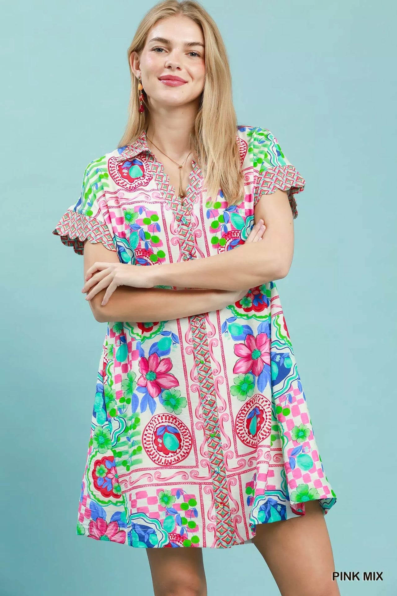 Umgee Mediterranean Print Dress with Contrast Printed Trim