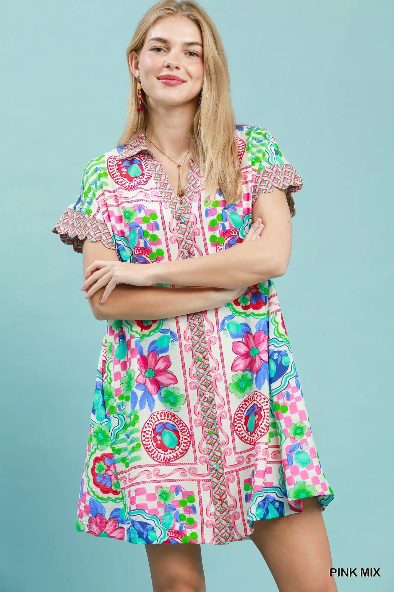 Umgee Mediterranean Print Dress with Contrast Printed Trim