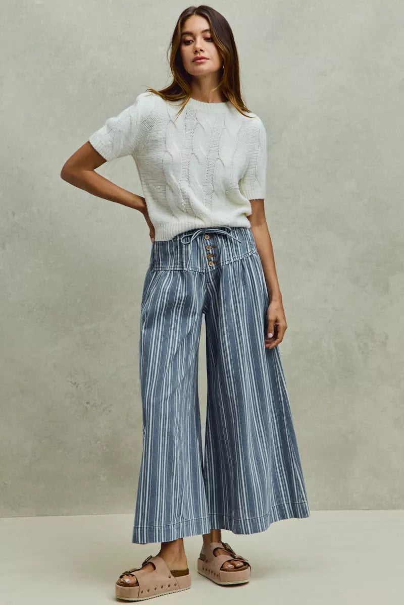 SO ME Mid Rise Stripe Denim Washed Pleat Wide Leg Pants