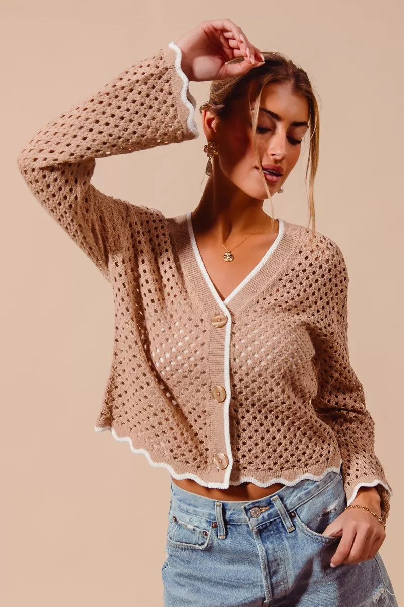 SO ME Open Knit Light Weight Sweater Cardigan With Contrast Wavy Scallop Edge