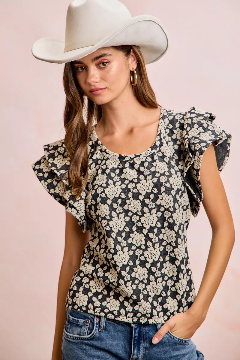 BiBi Floral Jacquard Ruffle Sleeves Knit Top