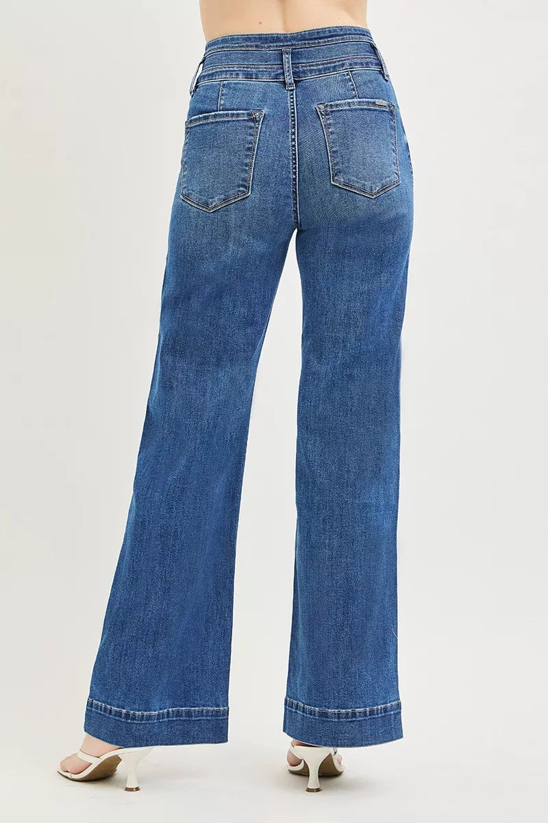RISEN High Rise Wide Leg Wide Band Detail Jeans