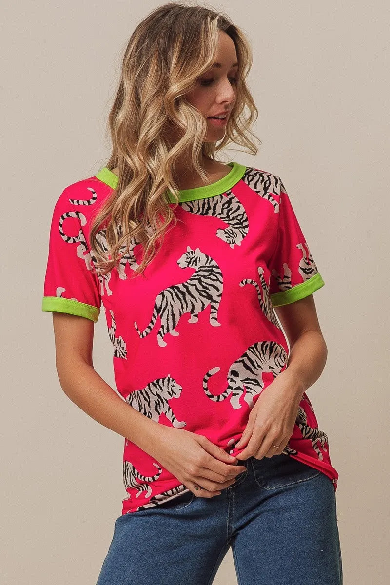BiBi Big Tiger Print Jersey Contrast Ringer Top