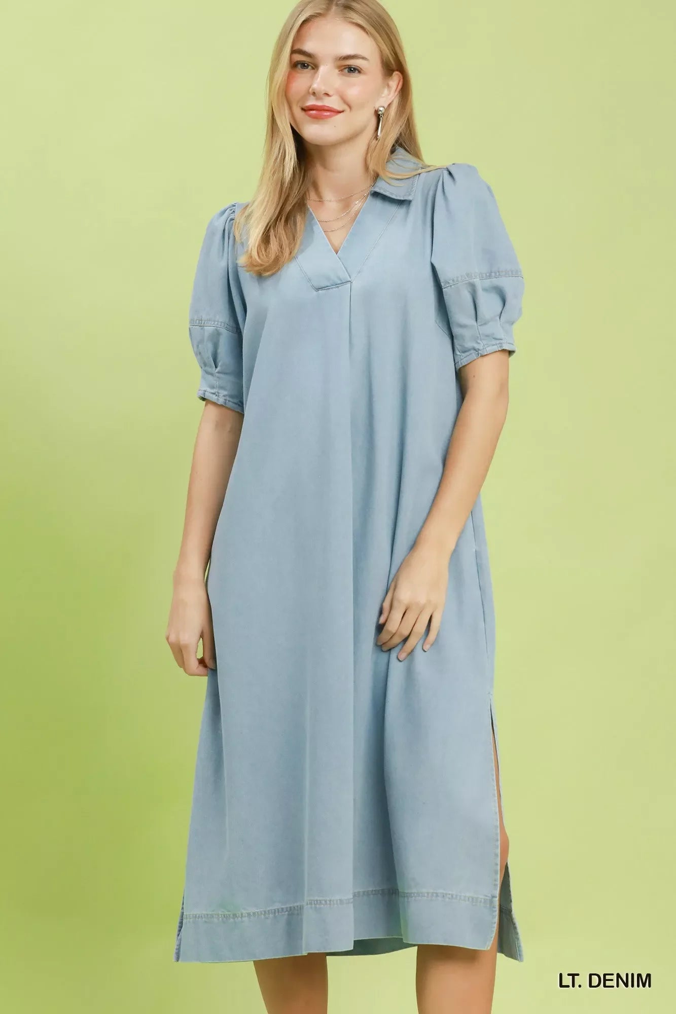 Umgee Chambray Collared Puff Sleeve Dress