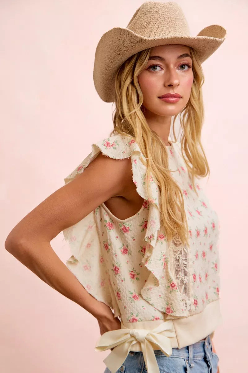 BiBi Flower Printed Ruffle Sleeve Trim Detail Top
