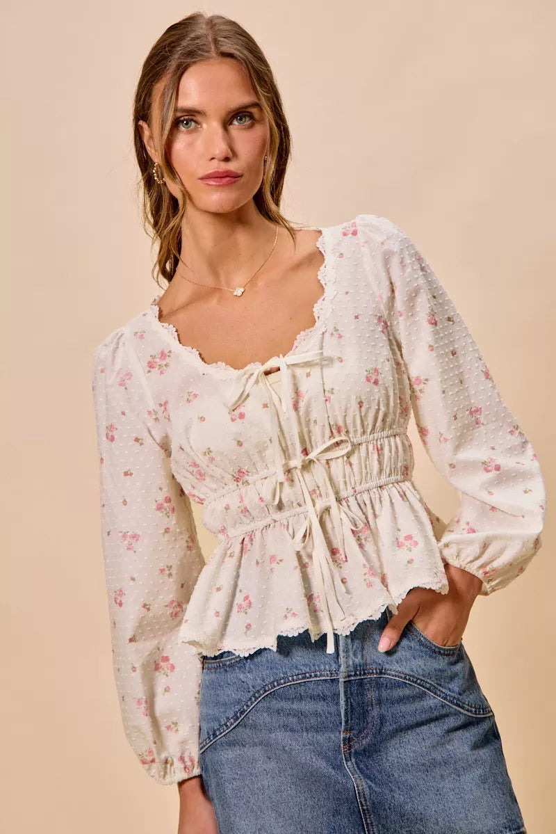 SO ME Floral Clip Dot Lace Trim Ruched Bodice Blouse