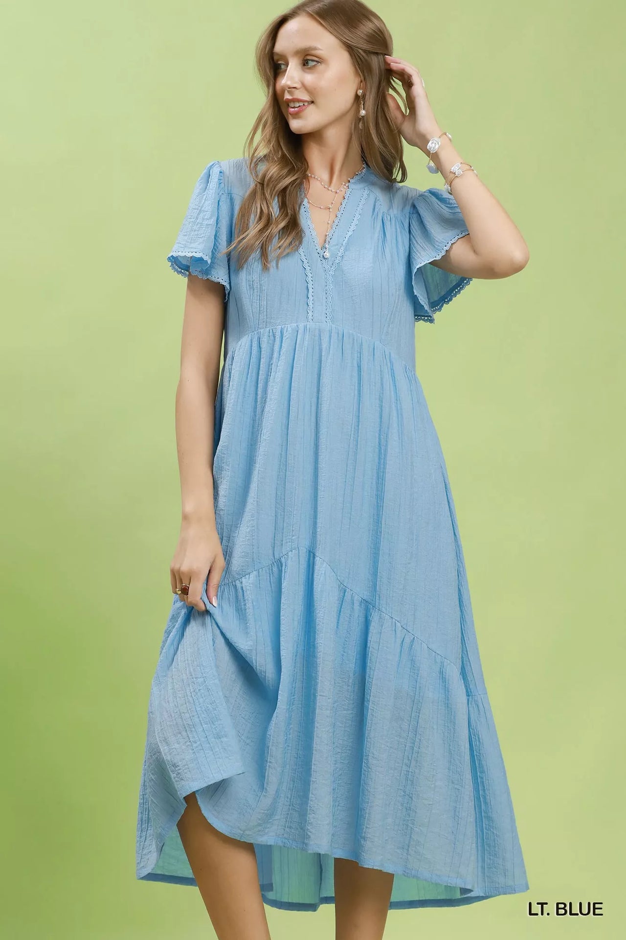 Umgee Textured Tiered Midi Dress with Side Pockets