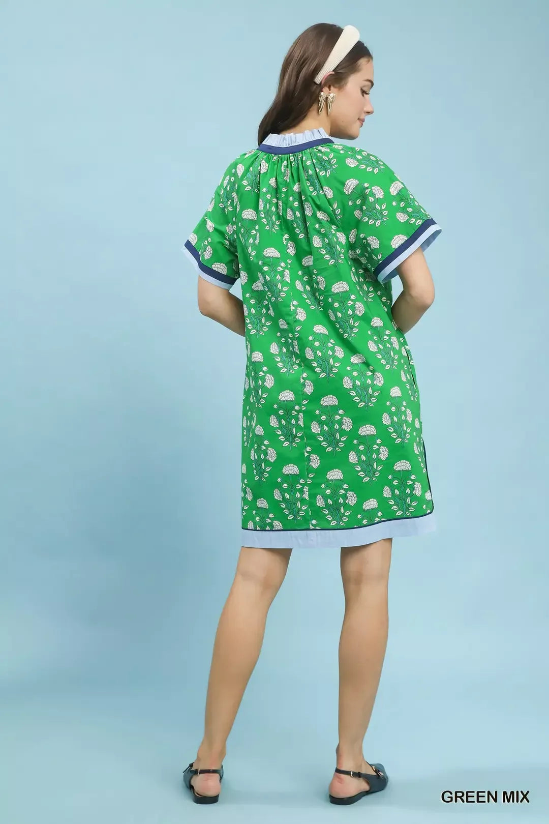 Umgee Printed Split Neck Short Sleeve Shift Dress
