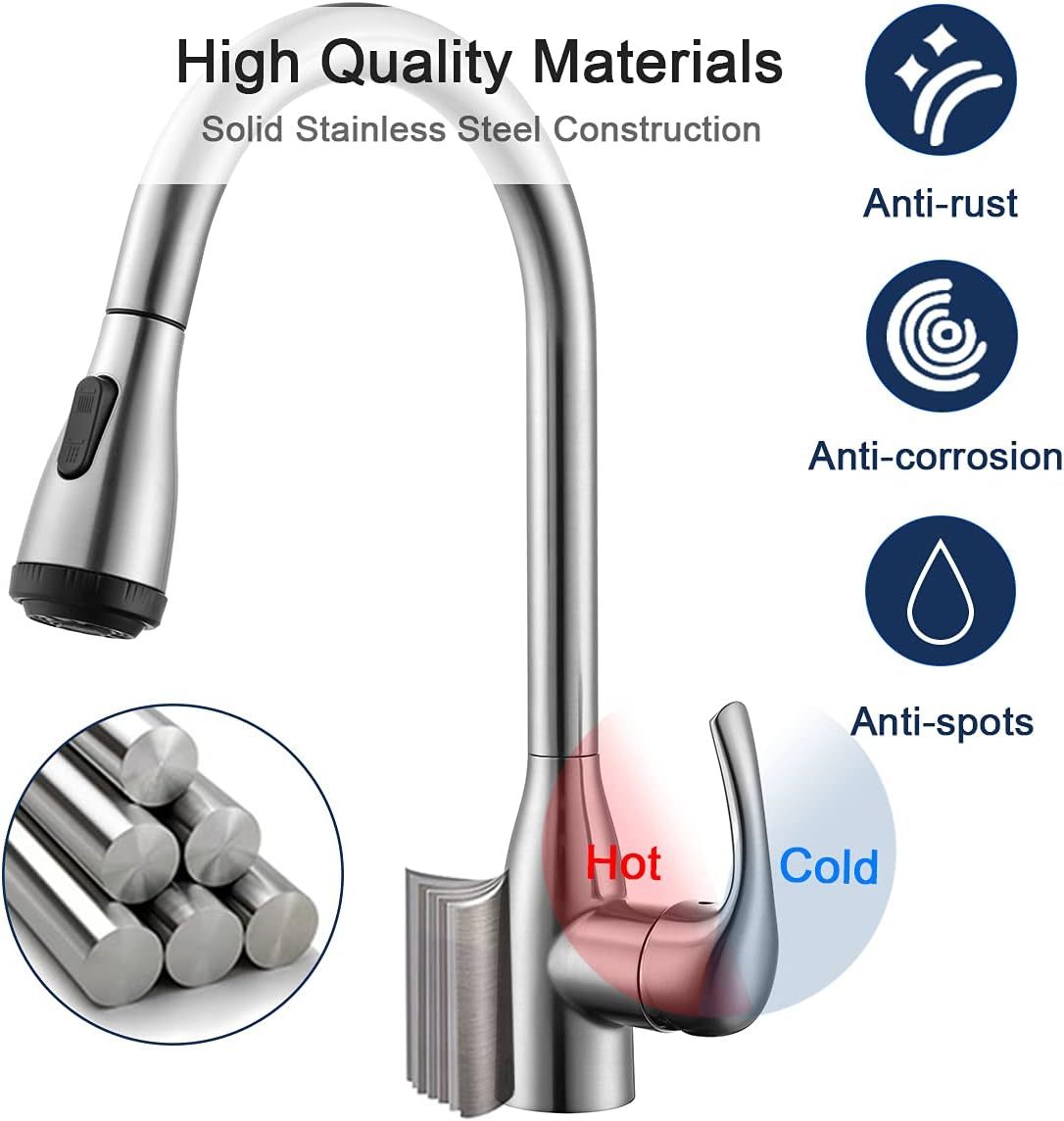 Single Handle High Arc Brushed Nickel Pull Out Kitchen Sink Faucet with 4 Spraying Modes,Single Level Stainless Steel with Pull Down Sprayer