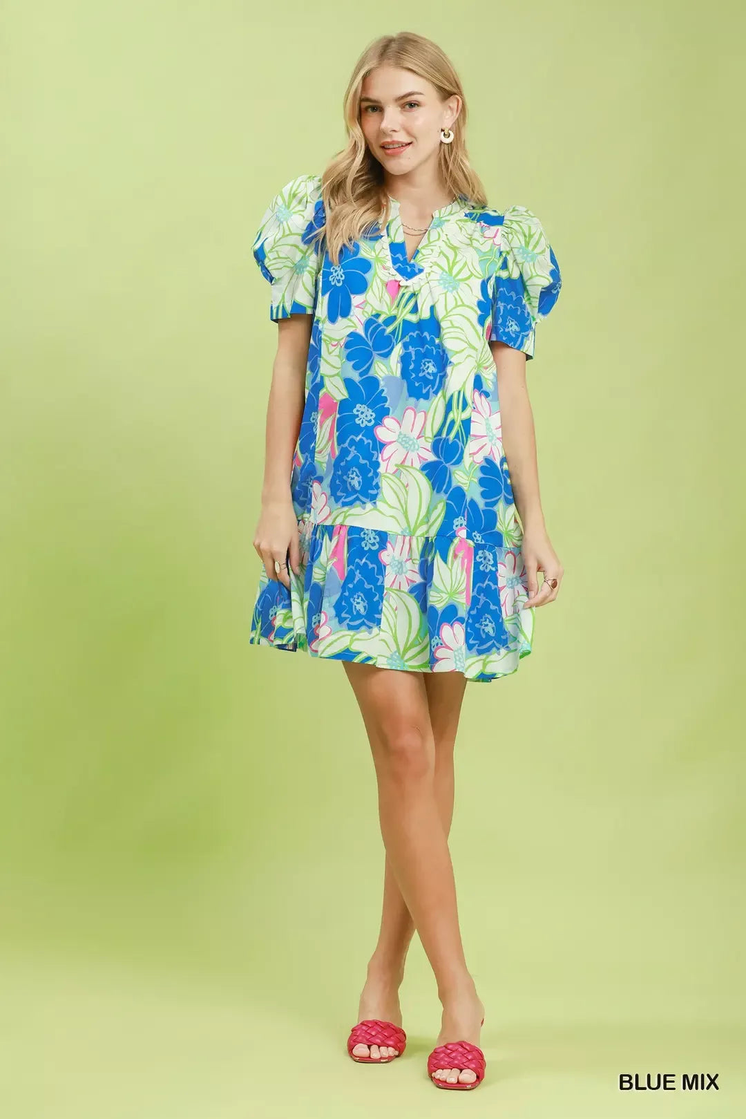 Umgee Floral Puff Sleeve Tiered Mini Dress