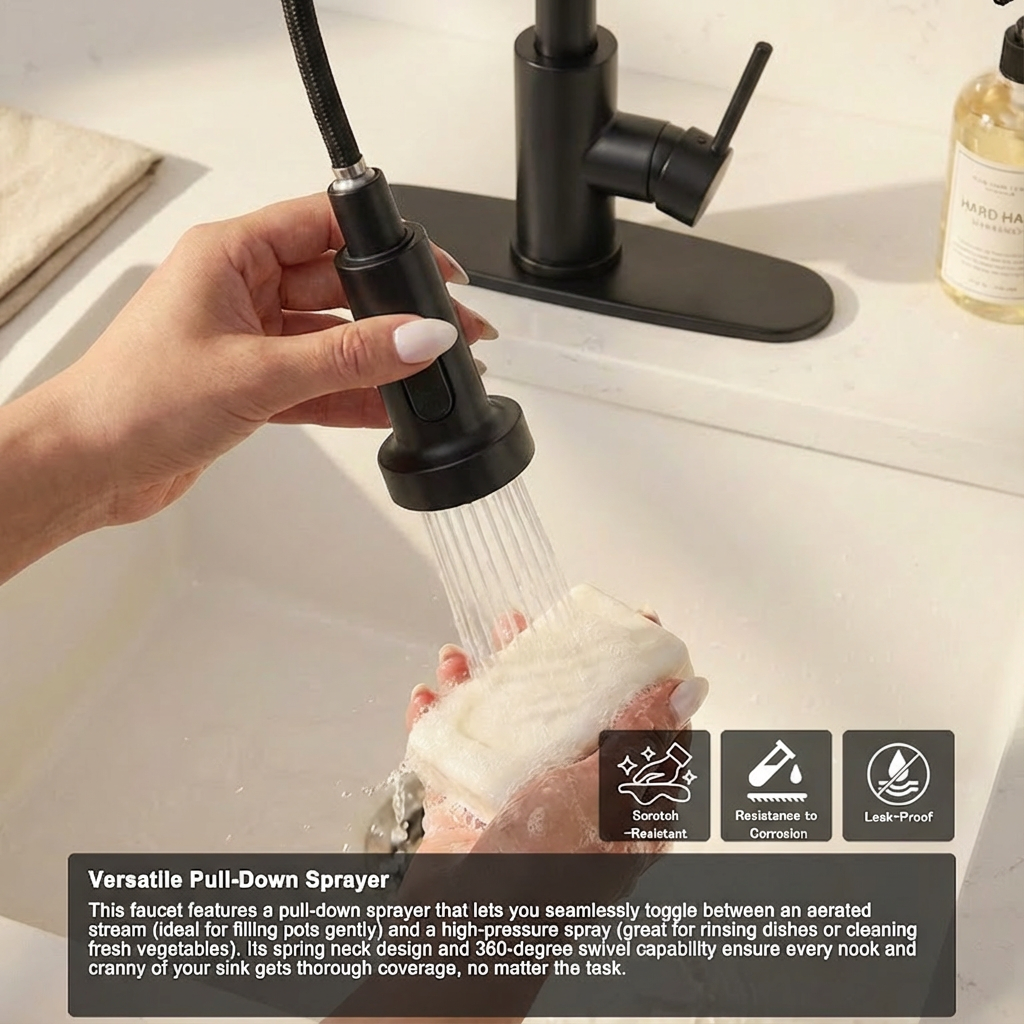Kitchen Faucet with Pull Down Sprayer Industrial 1 Handle 1 Hole Or 3 Hole Faucet for Farmhouse Camper Laundry Utility Rv Wet Bar Sinks, Stainless Steel, Matte Black