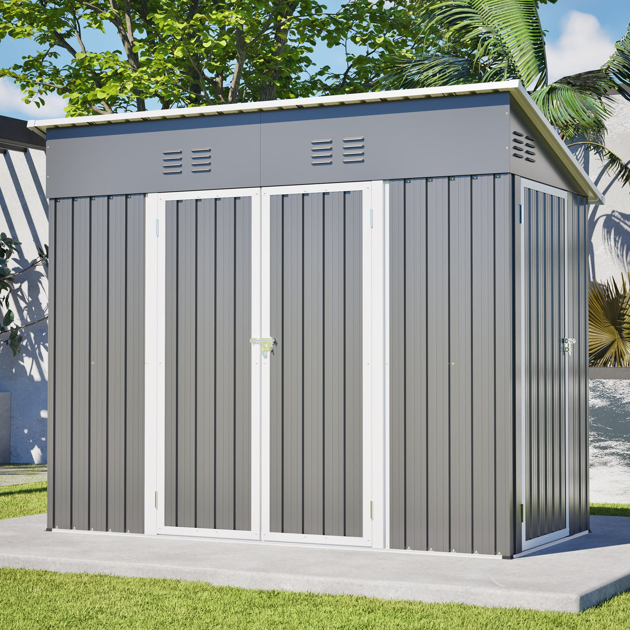 4x8 Slope-Roof Reinforced Storage Shed with Weatherproof Sloping Roof & 4 Air Vents, Heavy-Duty Sturdy Metal Frame, Left/Right Optional Door, Outdoor Tool Shed Warehouse for Garden Storage Pet House