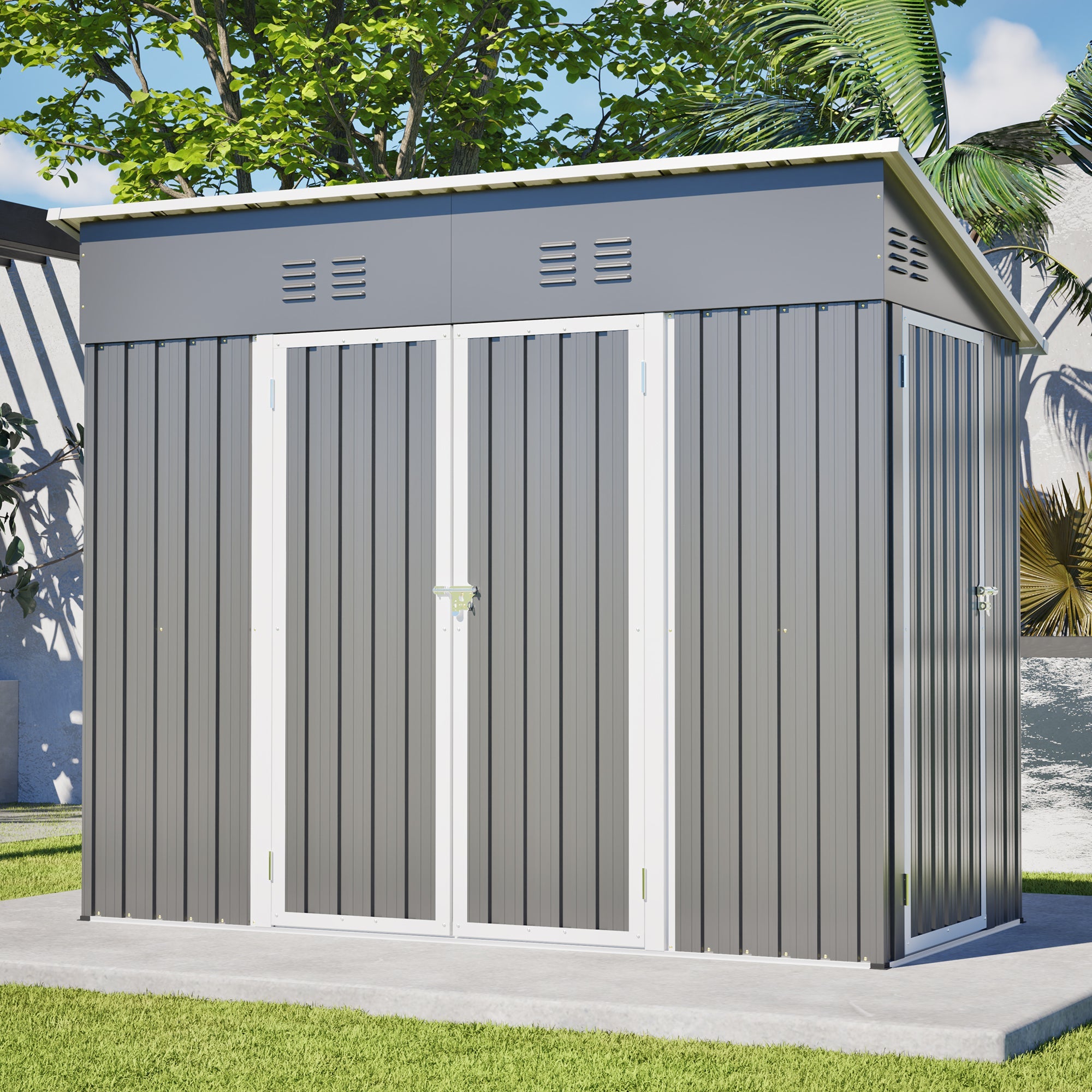 4x8 Slope-Roof Reinforced Storage Shed with Weatherproof Sloping Roof & 4 Air Vents, Heavy-Duty Sturdy Metal Frame, Left/Right Optional Door, Outdoor Tool Shed Warehouse for Garden Storage Pet House