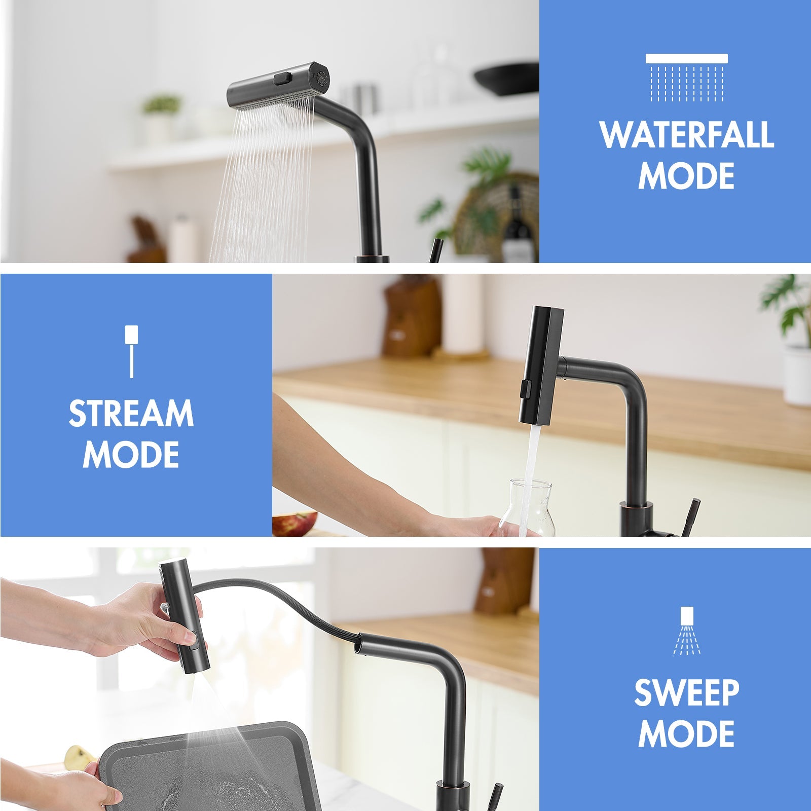 360° Rotation Pull-Down Kitchen Faucet with 3 Spray Modes - Oil Rubbed Bronze /Stainless Steel High-Arc Sink Faucet