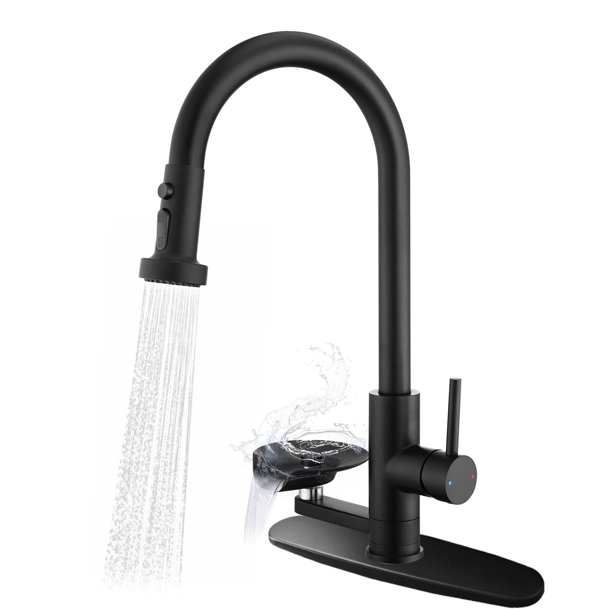 3-in-1 High-Arc Kitchen Faucet with Press-Type Glass Rinser, Pull-Down Sprayer, Matte Black Finish, Stainless Steel & ABS Construction, for Modern Sink