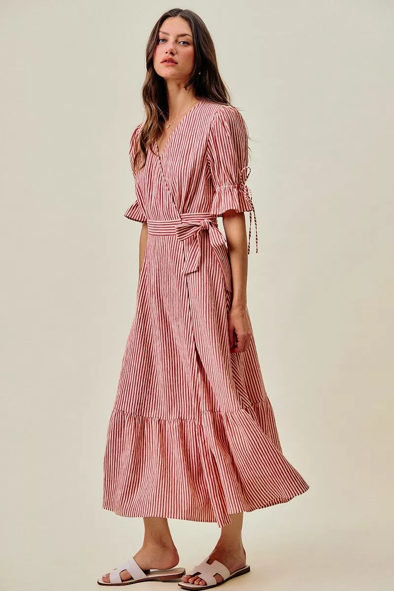 SO ME Stripe Textured Short Sleeves Lined Wrap Midi Dres