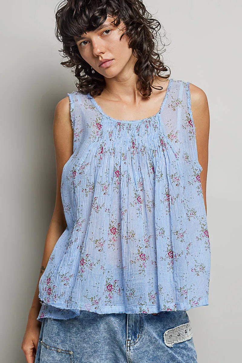 POL Round Neck Sleeveless Floral Pleated Cotton Top