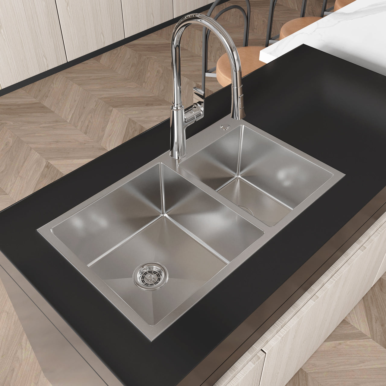 Stainless Steel Kitchen Sink, 32″x19″ Double Bowl in Brushed Nickel, Overmount Handmade Sink, with US Standard Drain and Hook, LS-SSBR03