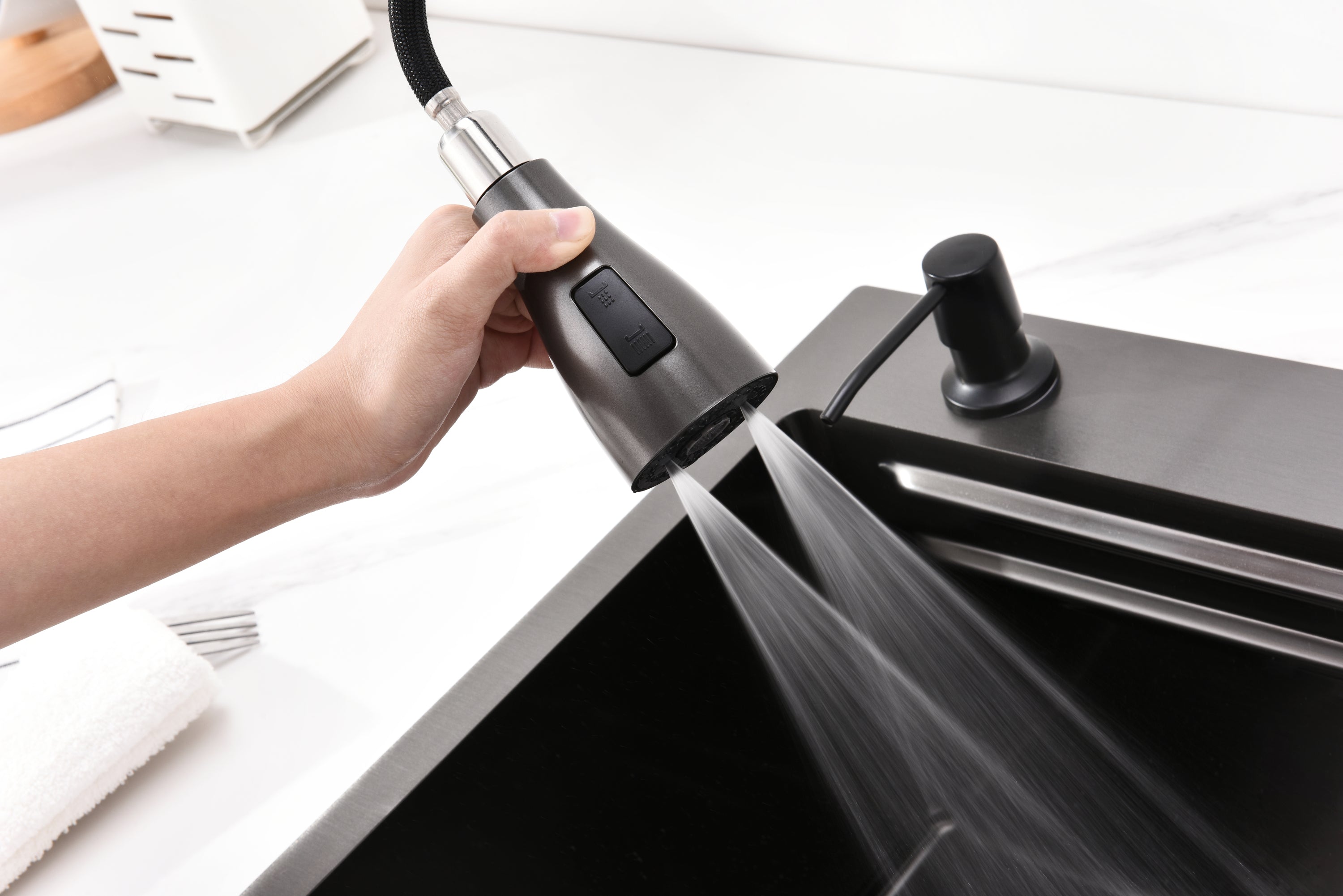 Waterfall Kitchen Sink, Stainless Steel Single Bowl in Black, Multifunctional Workstation with Flying-rain Faucet and Cutting Board, 30×18″ Stainless Steel Single Bowl Sink, LS-SSBL05