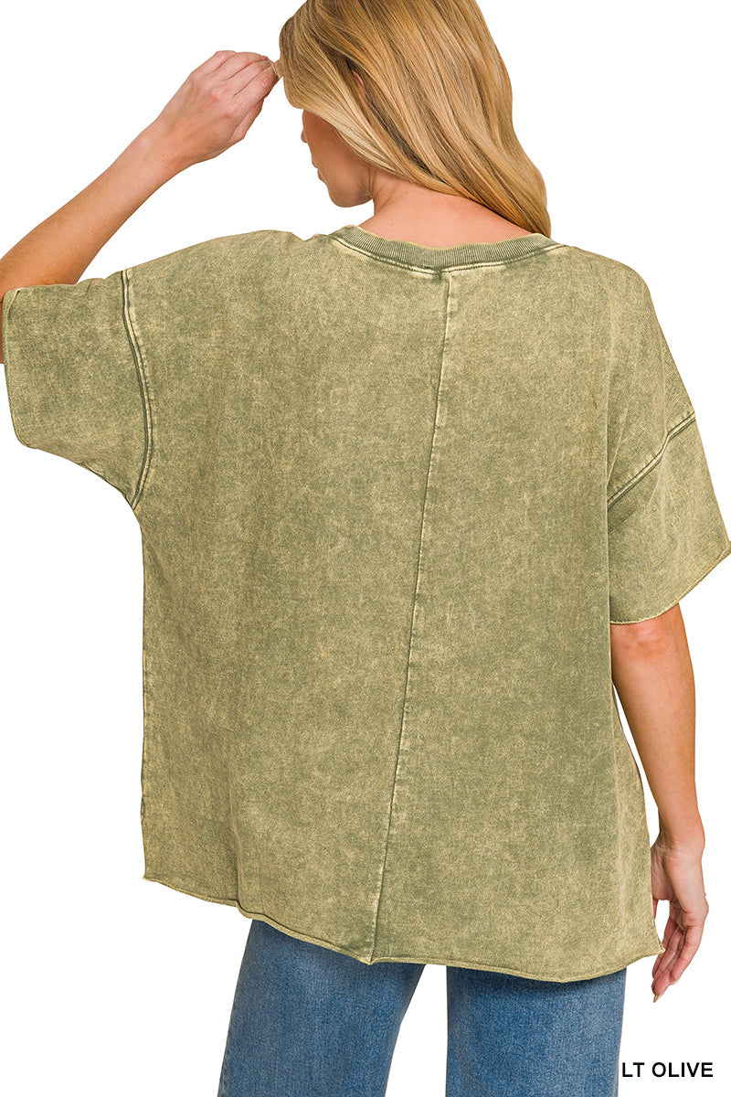 Zenana French Terry Washed Drop Shoulder Raw Edge Top