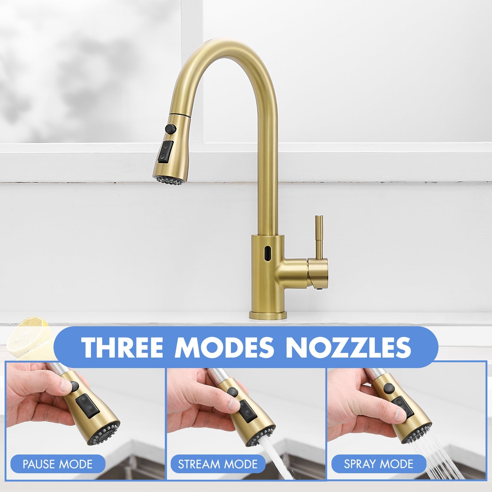 Touchless Kitchen Faucet, Hands Free Automatic Smart Kitchen Faucet, Stainless Steel Touchless Kitchen Faucet Brushed Gold