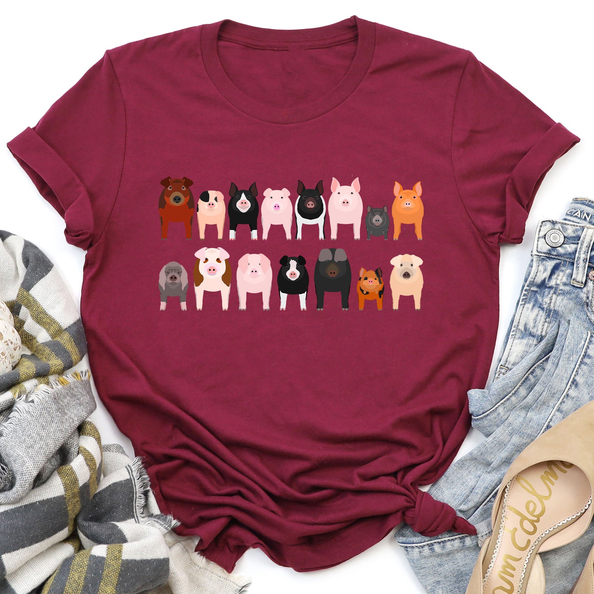 Pig Lovers Illustration Of Farm Animal Breeds And Their Varieties From Farmyard Life Graphic Tee
