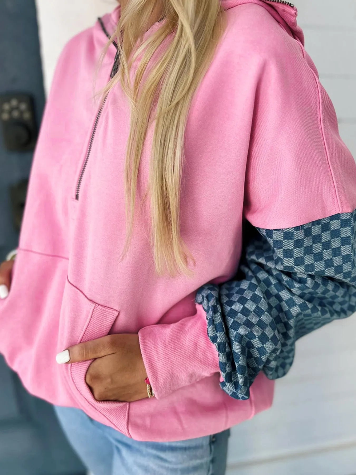 Half Zip Checkered Sleeve Hoodie