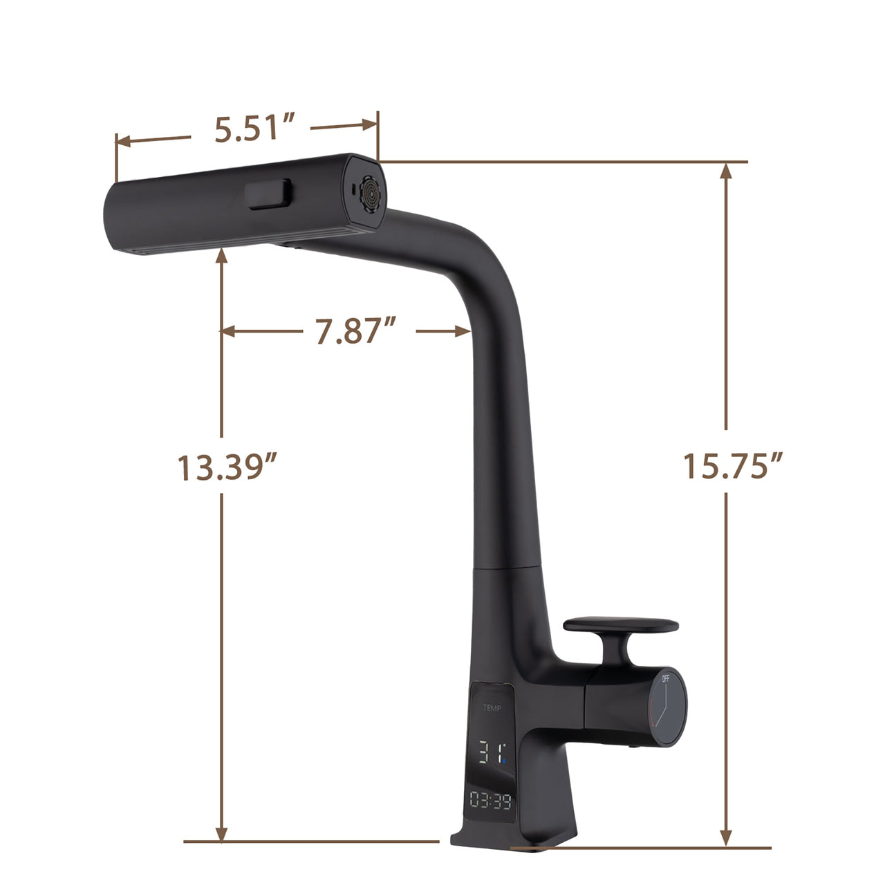 Modern Matte Black Waterfall Kitchen Faucet with Temperature Display and Pull Down Sprayer, Zinc Construction, 15.75-Inch Height
