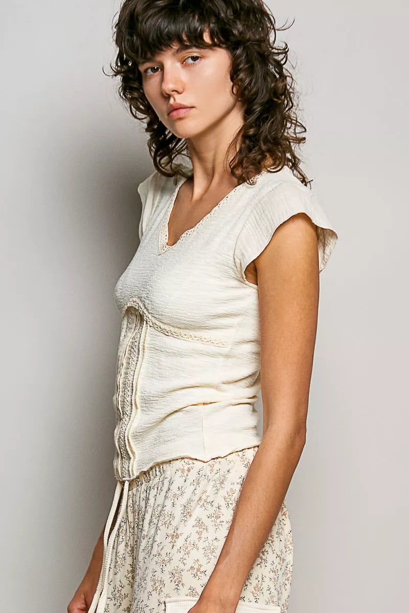 POL V-Neck Lightweight Textured Short Sleeve Knit Top with Lace Trim