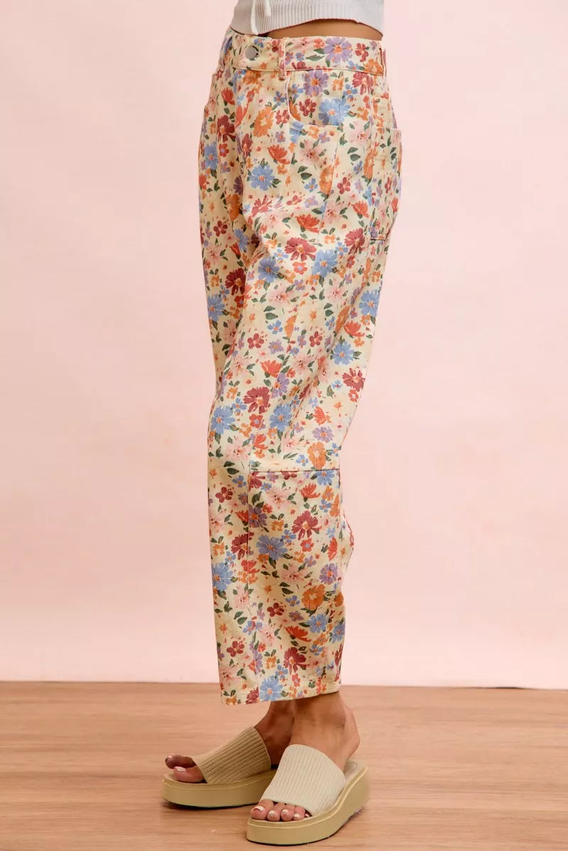 BiBi Washed Floral Printed Twill Barrel Pants