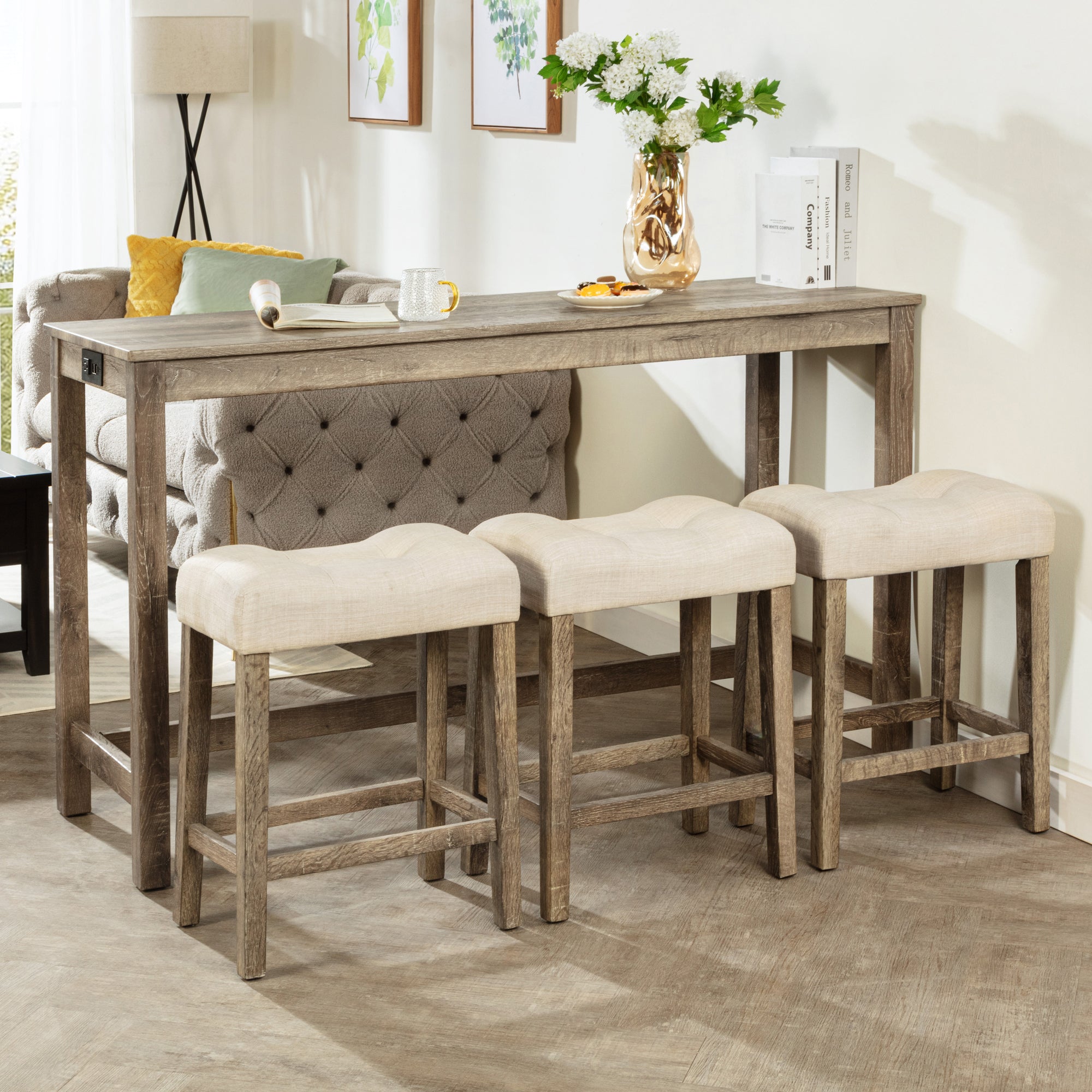 4-Piece Bar Table Set with Power Outlet, Dining Bar Table and Chairs Set, Bar Table Set with 3 Padded Stools for Living Room, Dining Room, Game Room, Brown