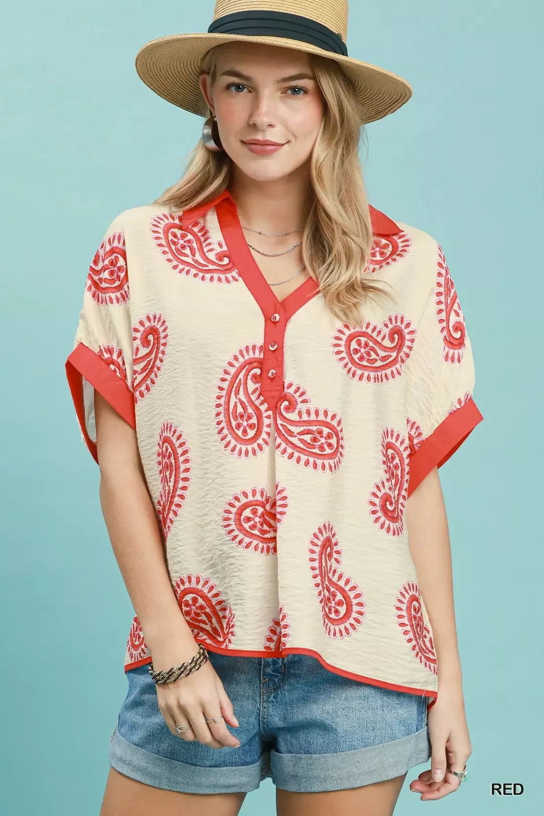 Umgee Paisley Print Contrast Trim Top