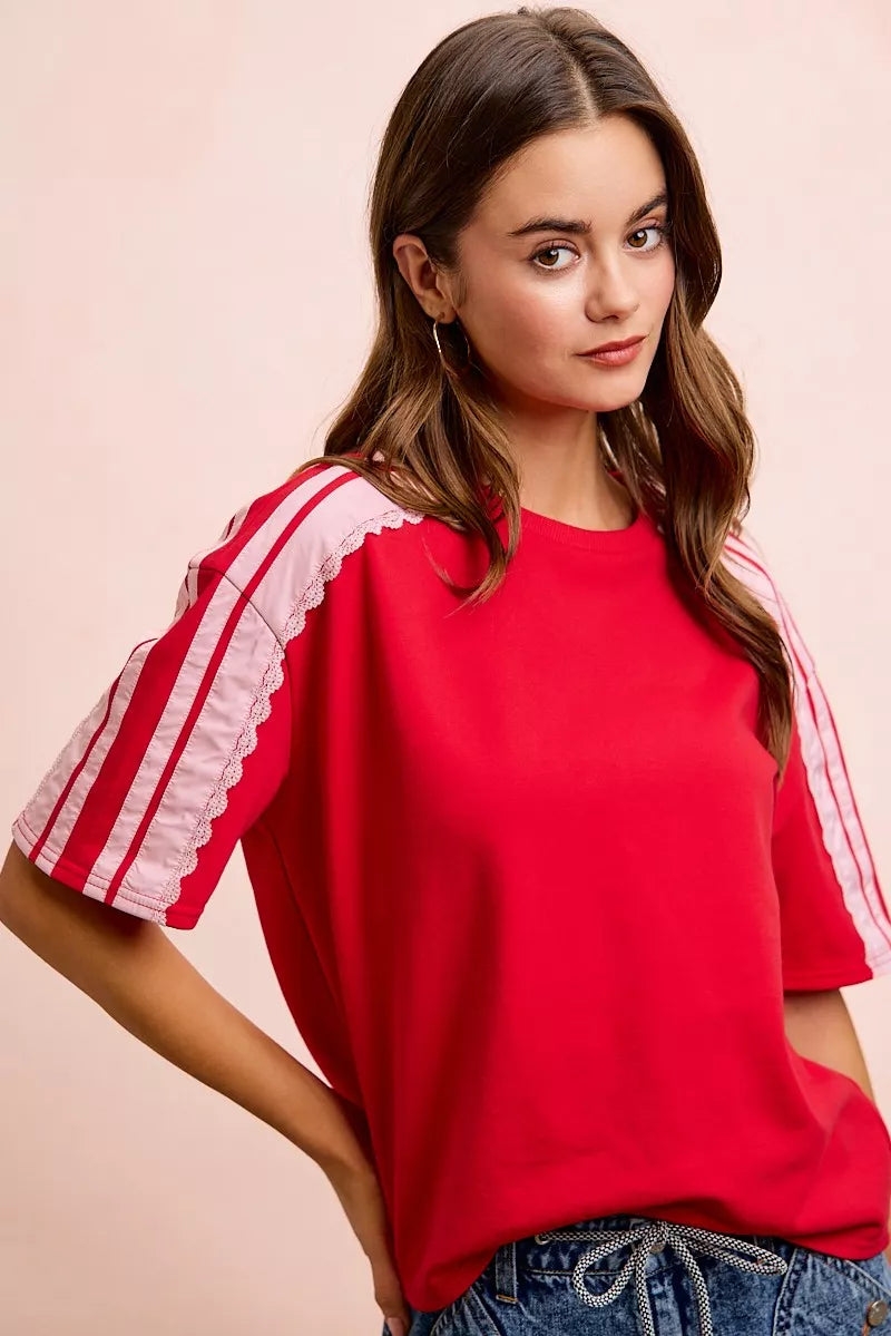 BiBi French Terry Side Lace Detail Short Sleeves Top