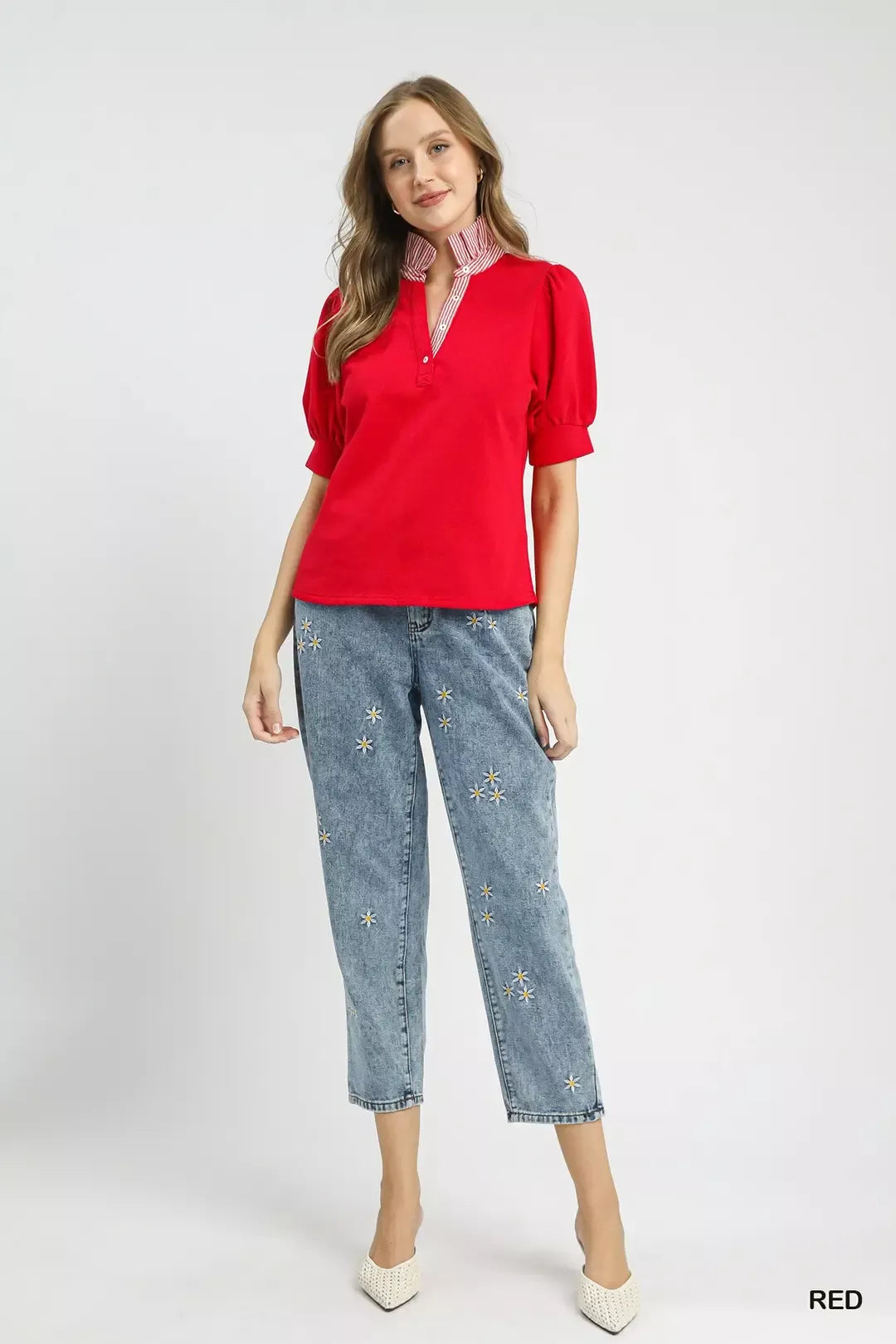 Umgee Striped Collar Popover Top