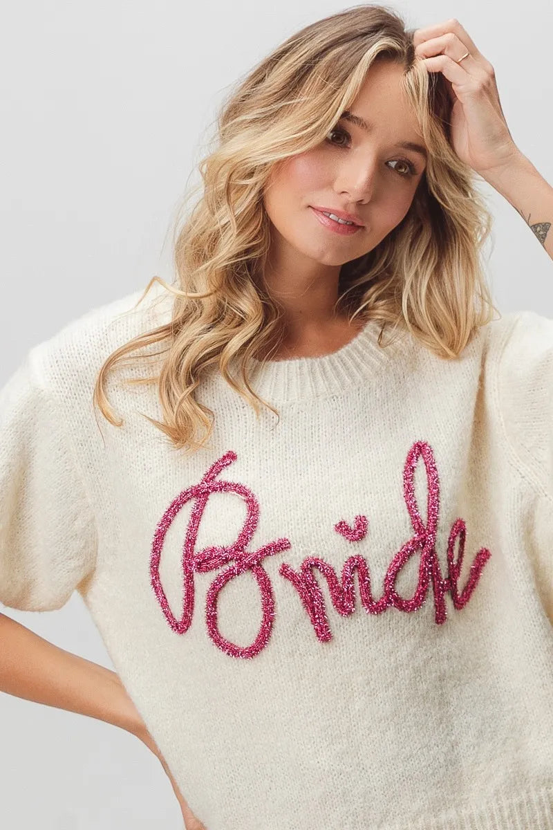 BiBi Metallic Letter Short Puff Sleeve Hairy Sweater