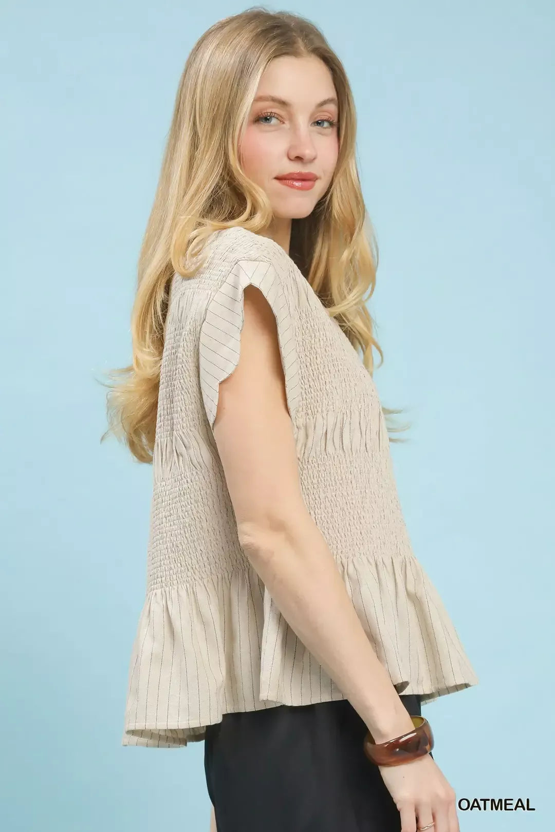 Umgee Pinstripe Smocked Peplum Top