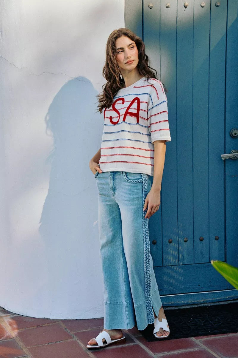 SO ME Usa Stripe Knit Short Sleeves Sweater Top