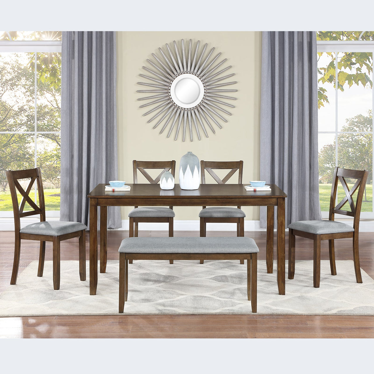 6PCs Kitchen Dining Set, Rectangular Wooden Dining Table with 4 Upholstered Chairs and a Bench, Dining Table Set for 6 People, Living Room, Home Bar and Kitchen, Walnut
