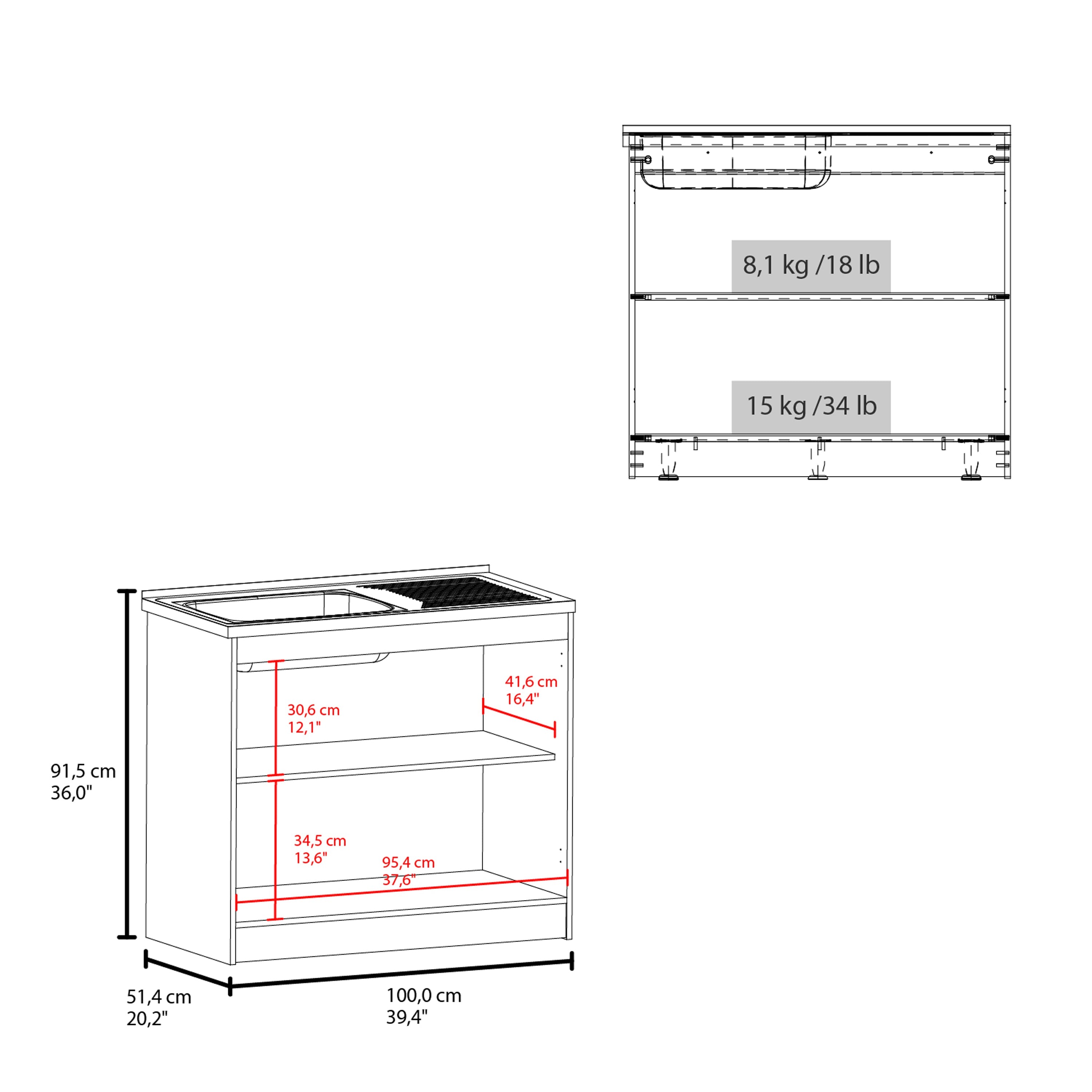 Zurich 39' Wide Utility Sink, Base Cabinet Two-Door Cabinet With Two Shelves, Stainless Steel Sink, Laundry Room, Garage Sink, Light Gray