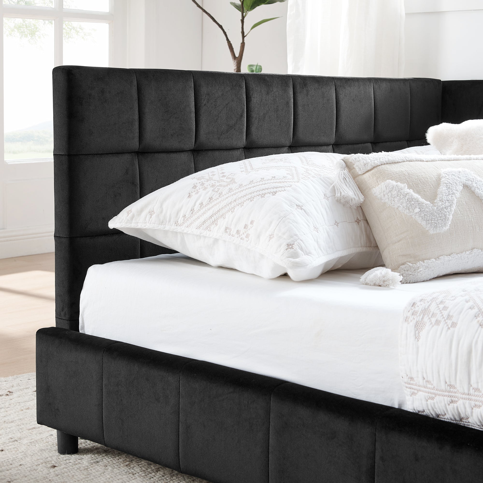 Mid-Century Full Size Upholstered Tufted Bed Frame with Comfortable Backrest and Armrests, Velvet, Black