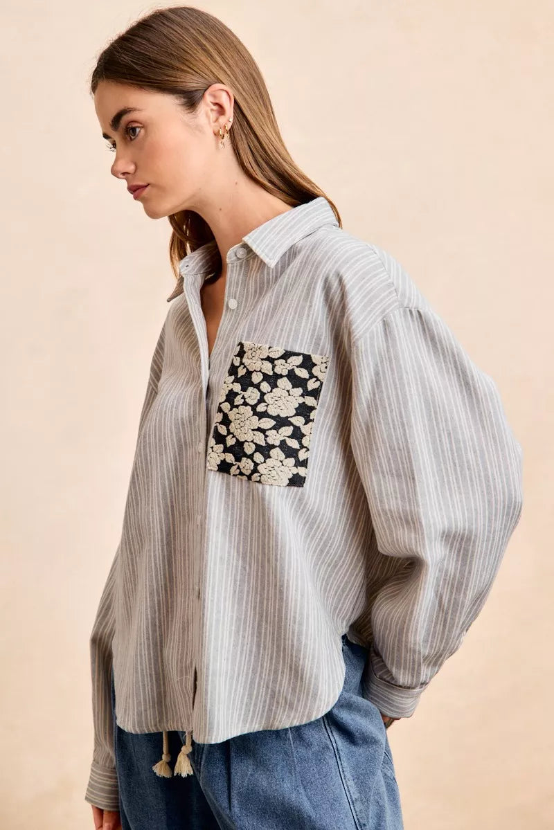 BiBi Flower Jacquard Knit Patch Pocket Stripe Shirt
