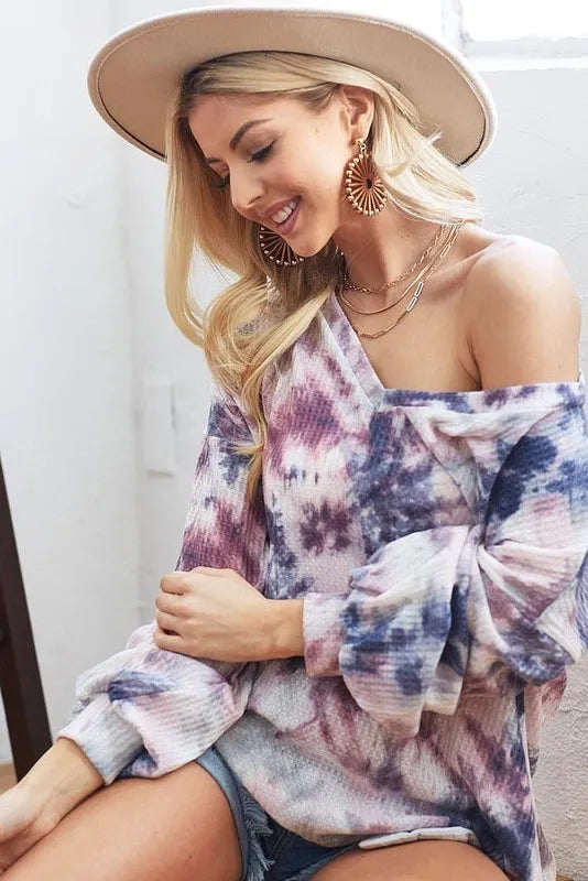 BiBi Tie-Dye V-Neck Long Sleeve Waffle Top