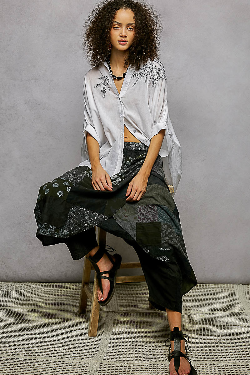 POL Button Down Embroidered Floral High-Low Hem Shirt