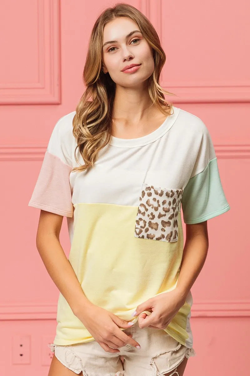 BiBi Leopard Front Pocket Ft Color Block Crew Neck Top